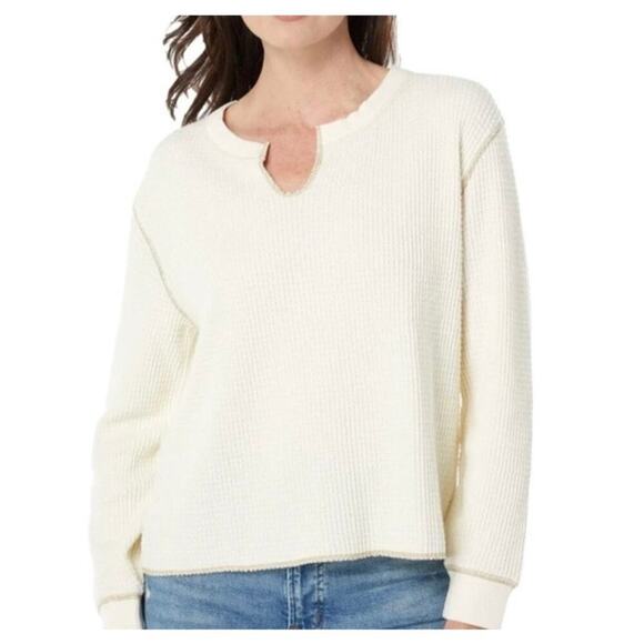 Madewell Tops - Madewell Sz M Boxy Cropped Waffle Knit Split Neck Long Sleeve Tee Antique Cream